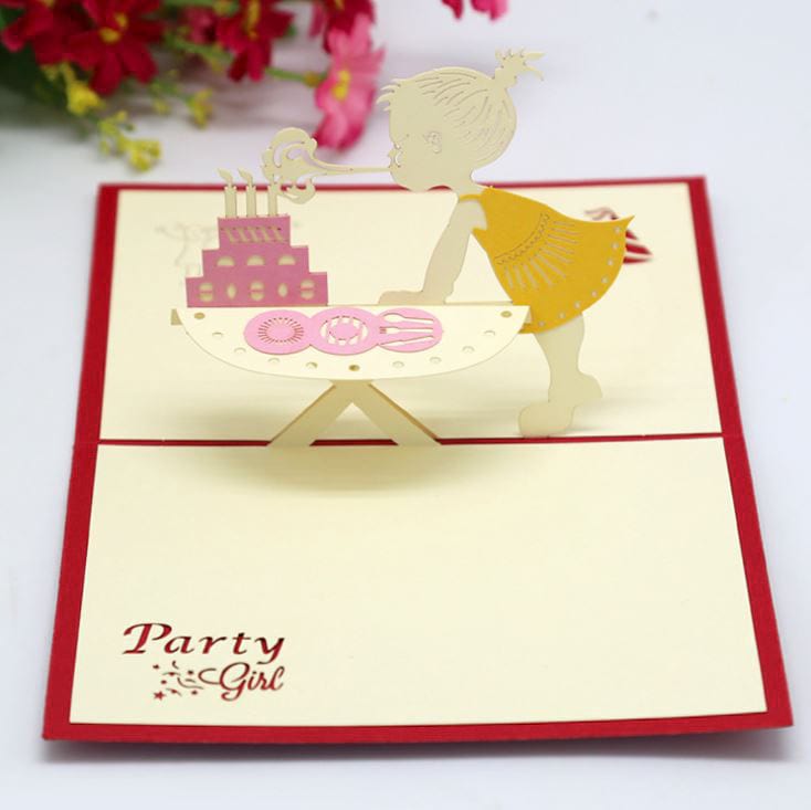 3D Pop Up Card, Greeting Card - Party Girl Blowing Candles
