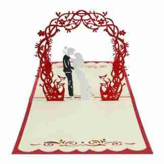 3D wedding couple pop up card under red floral arch