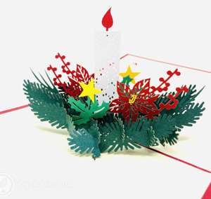 Christmas candle 3D pop up card with poinsettias and evergreens
