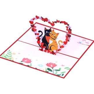 romantic cat couple pop-up card with tiny hearts