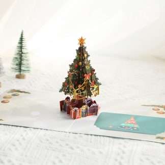 holiday 3D card with Christmas tree and gift boxes