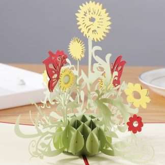 3D pop-up greeting card featuring a yellow dandelion flower and red butterflies